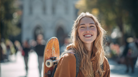 A cheerful young woman with a wide, authentic smile carries her skateboard, radiating happiness and a carefree spirit in an urban outdoor setting, embodying a dynamic lifestyle.の素材