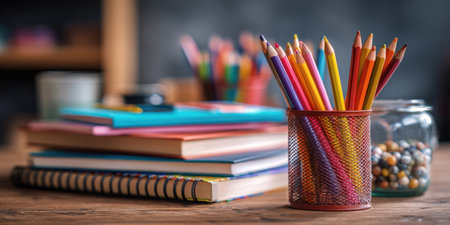 A close-up view of a wooden desk featuring a collection of school and office supplies, including a ceramic holder filled with colorful pencils, various notebooks, pens, and jar of miscellaneous items.の素材