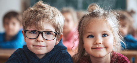 Two adorable young children, a boy in glasses and a girl with a ponytail, gaze directly at the camera with bright eyes and soft smiles, embodying the innocence and curiosity of early education.の素材