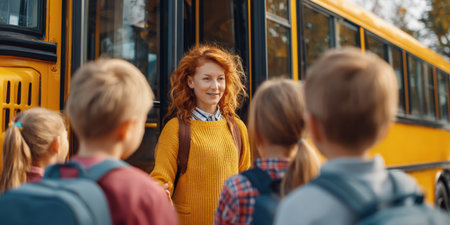 Children with backpacks, accompanied by adult, are excitedly boarding the yellow school bus. This image captures anticipation, joy of a school trip, representing themes of group activity, safe transport.の素材