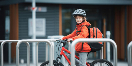 A smiling boy, wearing a safety helmet and carrying a backpack, sits confidently on his red bicycle next to a modern bike rack, ready for his journey.の素材