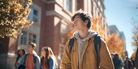 A young male student with a backpack looking off to the side, walking on a university campus with other students and buildings in the background. Ideal for themes of higher education, personal growth, and the student experience.の素材