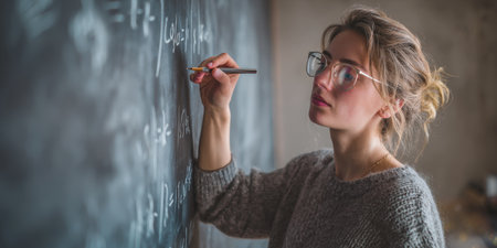 A diligent female student, with her hair tied back, is deeply engrossed in writing equations and notes on a large, dark chalkboard with a piece of chalk, showcasing concentration.の素材