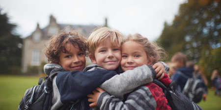 Three smiling children with backpacks embrace, symbolizing friendship, togetherness, and happiness. Perfect for themes of childhood, school, and strong bonds.の素材