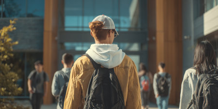 Rear view of a student with a backpack and cap, walking towards a modern university building, symbolizing the start of an academic journey. Ideal for themes of higher education, campus life, and student experiences.の素材
