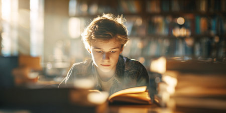 A young boy with expression of deep concentration, engrossed in book at table in library, with blurred bookshelves in the background. Perfect for themes of childhood reading, education, imagination.の素材