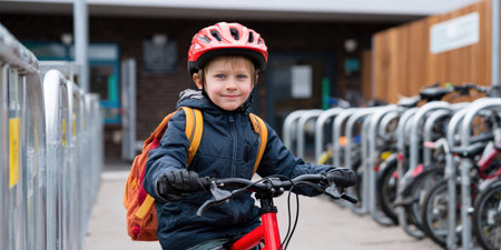 A cheerful boy, protected by a bright red helmet and carrying a backpack, smiles confidently while sitting on his bicycle. Behind him, a row of parked bikes suggests a school or community setting, emphasizing safe and active transport for children.の素材