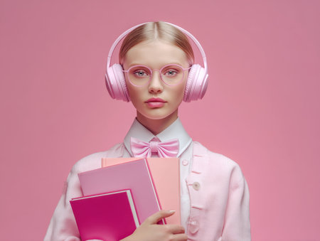Captivating portrait of a stylish young woman, bathed in a monochromatic pink palette, showcasing her intellectual curiosity and modern flair with headphones, glasses, and a stack of books.の素材