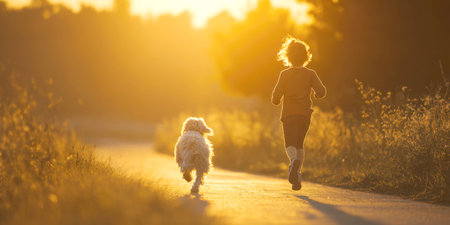 A child and their shaggy dog playfully run down a sunlit path at golden hour, embodied freedom, companionship, and the joy of outdoor activity.の素材