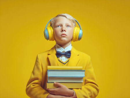 A young boy in a yellow jacket and bowtie, wearing headphones and holding books, looking upwards with a contemplative expression against a bright yellow background. Ideal for themes of education, technology in learning, and intellectual curiosity.の素材
