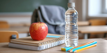 A crisp red apple, a bottle of water, notebooks, pencils, and an eraser neatly arranged on a school desk, with a blurred classroom in the background. Ideal for themes of education, healthy habits, and readiness for learning.の素材