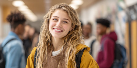 A cheerful female student with a backpack smiles confidently in a school hallway, embodying youth, education, and positive social interaction in an academic environment.の素材