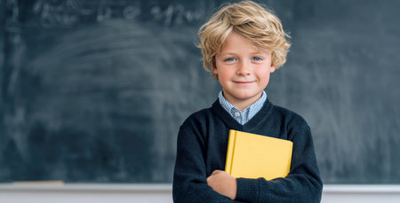A charming young boy with a bright smile, holding a yellow book, stands confidently in front of a classroom chalkboard, embodying enthusiasm for education.の素材