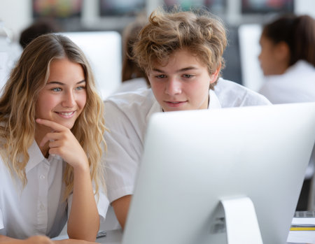 Two students, girl and boy, are smiling, engaged while collaborating on a desktop computer in classroom. Their interaction, focused expressions convey teamwork, modern educational methods. Perfect for themes of digital learning, student collaborationの素材