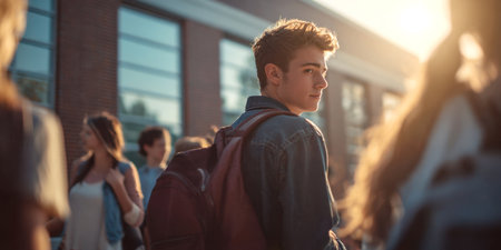 A young student with a backpack looks over his shoulder as he walks outdoors on a sunny campus, capturing a moment of reflection amidst the bustling student life and the warm glow of the setting sun.の素材