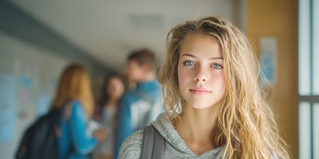 A confident female student with long, flowing hair and bright blue eyes looks directly at the camera in a school hallway. Other students are blurred in background, suggesting a bustling academic environment. For themes of education, student life, youthの素材