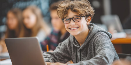 A happy male student wearing glasses smiles while working on a laptop in classroom. Perfect for concepts related to digital education and youth technology use.の素材