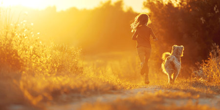 A child and their shaggy dog playfully run down a sunlit path at golden hour, embodied freedom, companionship, and the joy of outdoor activity.の素材