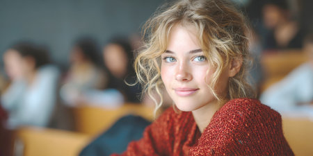 A captivating young woman with blonde, curly hair and striking blue eyes smiles gently, looking directly at the viewer from a lecture hall or classroom. Perfect for themes of higher education, student life, and learning.の素材