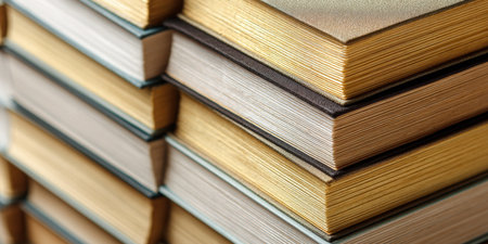 A close-up, angled view of neatly stacked books with gilded page edges, creating a rich texture and symbolizing knowledge, education, and literature.の素材