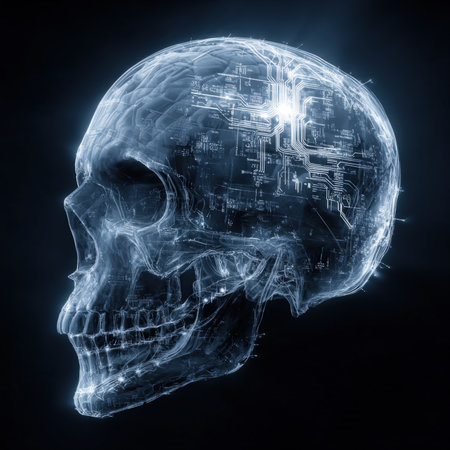 A translucent, glowing skull reveals intricate digital circuitry within brain area, set against dark background. This futuristic image brilliantly merges concepts of artificial intelligence, neuroscience, cybernetics, and the human-machine interface.の素材