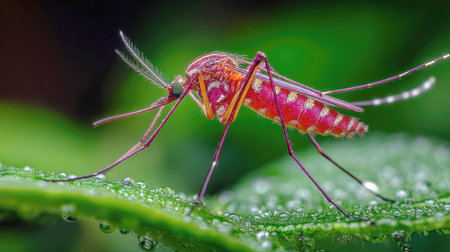 A striking macro image captures a red-bodied mosquito with a full abdomen, perched on a dewy green leaf. This detailed shot is ideal for illustrating insect-borne diseases, pest control, nature's intricate details, and health awareness.の素材