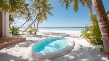 Unwind in ultimate luxury with this breathtaking view of a secluded beach featuring a private oval plunge pool, surrounded by lush palm trees and the crystal-clear waters of a tropical ocean. The perfect setting for relaxation and escape.の素材