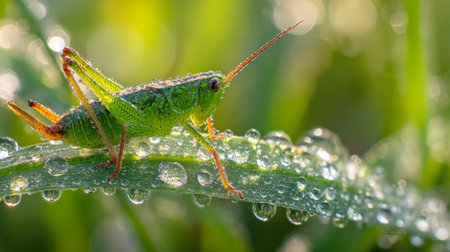 A stunning macro shot of a small green grasshopper covered in tiny water droplets, perched on a dew-covered blade of grass, with a soft, vibrant green background, emphasizing detail, nature, and freshness.の素材