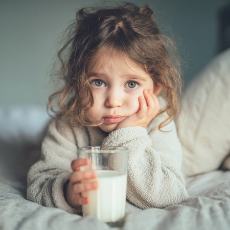 A close-up portrait of a child with a melancholic or pensive expression, propping their head on their hands beside a glass of milk, suggesting a moment of quiet thought or reluctance.の素材