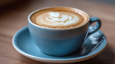 A captivating close-up of a perfectly crafted latte with beautiful heart-shaped foam art in a vibrant teal ceramic cup and matching saucer, resting on a warm wooden surface, ideal for conveying warmth, comfort, and a cozy coffee experience.の素材