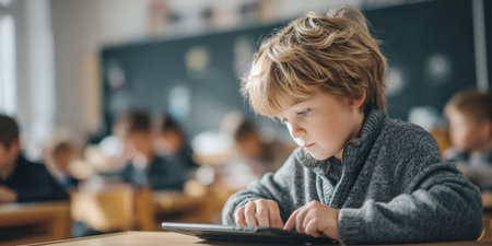 Focused young student actively using a digital tablet at his desk in a classroom setting, illustrating modern education and technology integration in learning.の素材