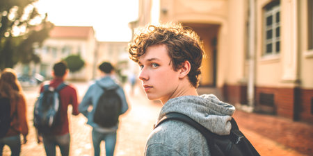 A young student with a backpack looks over his shoulder as he walks outdoors on a sunny campus, capturing a moment of reflection amidst the bustling student life and the warm glow of the setting sun.の素材
