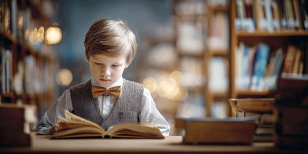Young student intently reading a book in a library, wearing a vest and bow tie. Captures the essence of concentration, curiosity, and traditional learning in a classic setting.の素材