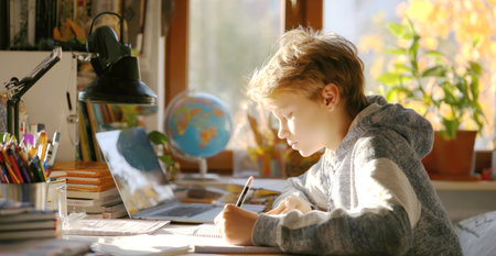 Focused student diligently working at a sunny desk with a laptop and books, showing dedication to learning and academic pursuit in a comfortable home study environment.の素材
