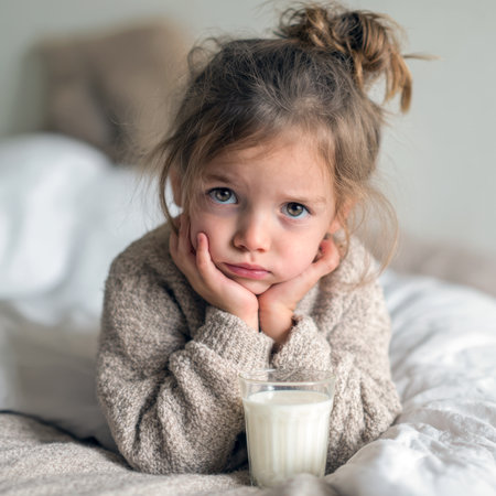 A close-up portrait of a child with a melancholic or pensive expression, propping their head on their hands beside a glass of milk, suggesting a moment of quiet thought or reluctance.の素材