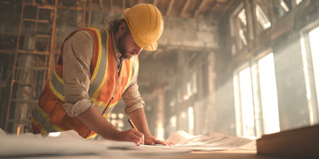 A focused construction worker or architect in a hard hat and safety vest, meticulously reviewing blueprints on a table within an active building site, illuminated by natural light.の素材