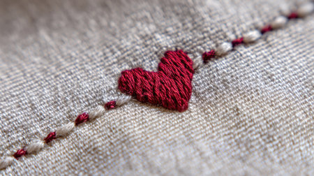 A charming close-up of a meticulously hand-embroidered red heart, stitched with love onto a rustic linen fabric, symbolizing affection, care, and the beauty of handmade artistry.の素材