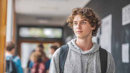 A pensive young man with a backpack walks through a school or university hallway, gazing thoughtfully ahead, reflecting student life and academic contemplation.の素材