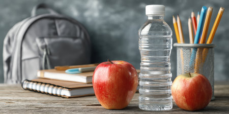 A school-ready setup featuring a backpack, notebooks, two crisp apples, a water bottle, and a pen holder with pencils, symbolizing readiness for learning and healthy habits.の素材