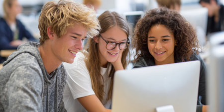 Three smiling students, two male and one female, are happily collaborating and looking at a desktop computer screen in a classroom or library setting, engaged in shared digital learning.の素材