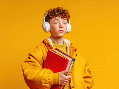 A striking portrait of a student wearing white headphones and holding a stack of colorful books, standing confidently against a bright yellow background, ready for learning and self-expression.の素材