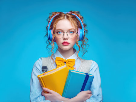 A striking portrait of a young person with vibrant red hair, wearing blue headphones and holding a stack of colorful books, exuding a sense of readiness for learning and self-expression.の素材