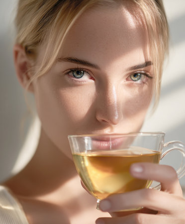 Close-up portrait of a woman with striking eyes, enjoying a warm cup of tea bathed in natural sunlight, evoking feelings of calm, wellness, and a tranquil start to the day.の素材