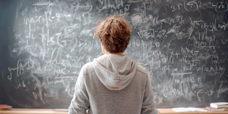 Student viewed from behind, facing a chalkboard filled with complex equations. Capturing the essence of intense study, problem-solving, and academic challenge in mathematics or physics.の素材