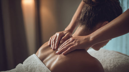 Experience the soothing touch of a professional back massage, designed to melt away tension and promote profound relaxation. This image captures the essence of tranquility, self-care, perfect for showcasing wellness, spa treatments, art of pamperingの素材
