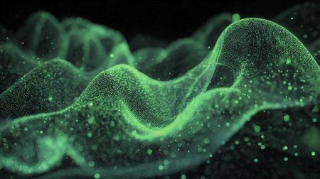 An enchanting visual of shimmering green particles forming an intricate, flowing helix against a dark background. Ideal for themes of technology, science, data visualization, digital art, and abstract beauty.の素材