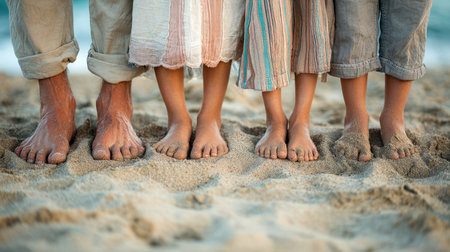 A close-up of multiple sets of bare feet, from adults and children, standing in the sand at the beach. This image evokes feelings of family, summer, vacation, togetherness, and simple joys.の素材