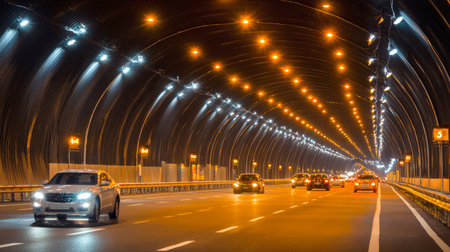 A striking view of a well-lit tunnel with vehicles in motion, highlighting modern transportation networks, engineering marvels. This image is perfect for themes of urban development, travel, infrastructure, speed efficiency, in contemporary societyの素材