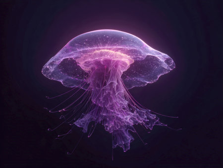 A stunning, glowing jellyfish with translucent tentacles, radiating vibrant pink and blue bioluminescence against a dark, mysterious background. Ideal for themes of marine life, science, technology, abstract beauty, and underwater wonderの素材