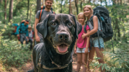 A joyful black labrador in the foreground, with a smiling family including children and adults with backpacks on blurred background, enjoying a hike in a lush forest. Concept of family outdoor activities, pet companionship, and nature explorationの素材